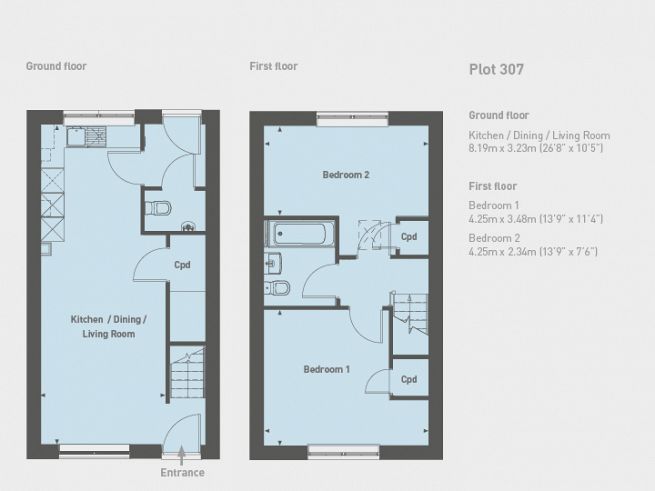 Floor plan 2 bedroom house, plot 307 - artist's impression subject to change